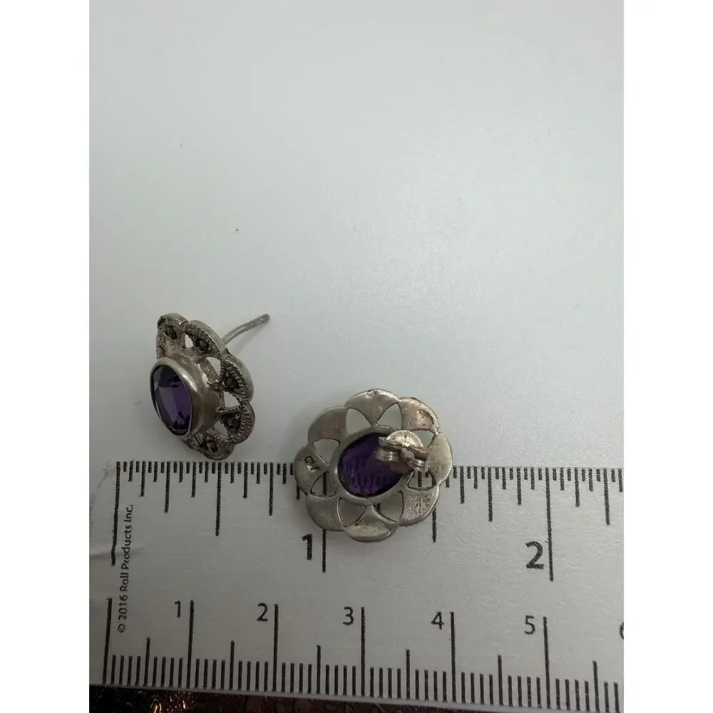 Vintage signed 925 silver luxury Marcasite large earrings with amethyst